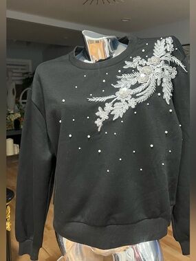 Black Sweatshirt with Silver Floral Applique and Pearls